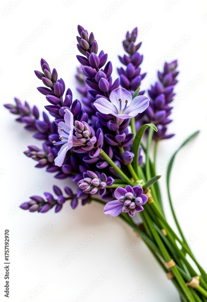 Obraz premium A fragrant bunch of fresh lavender flowers with green stems, artfully arranged and isolated on a pristine white background, nature, simple