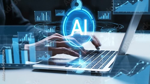 AI-powered Business Intelligence (BI) concept. A data analyst or professional using an advanced platform on a laptop to analyze big data, create reports, and visualize business performance.