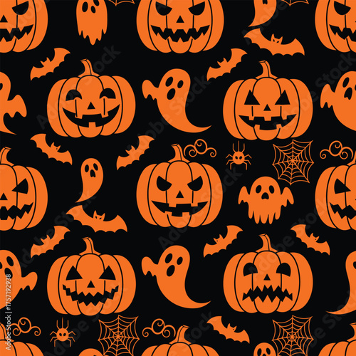 Halloween Pattern Spooky Pumpkins, Ghosts, Bats, Spiders, and Webs on Black Background