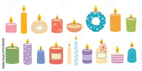 A cosy home decor set with wax candles. Aromatherapy. Flat vector illustration isolated on a white background