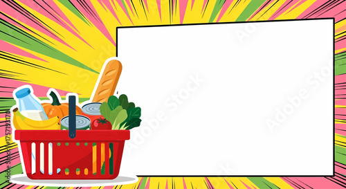 Pop art design shopping basket with groceries for market sale, a vector illustration on colorful background