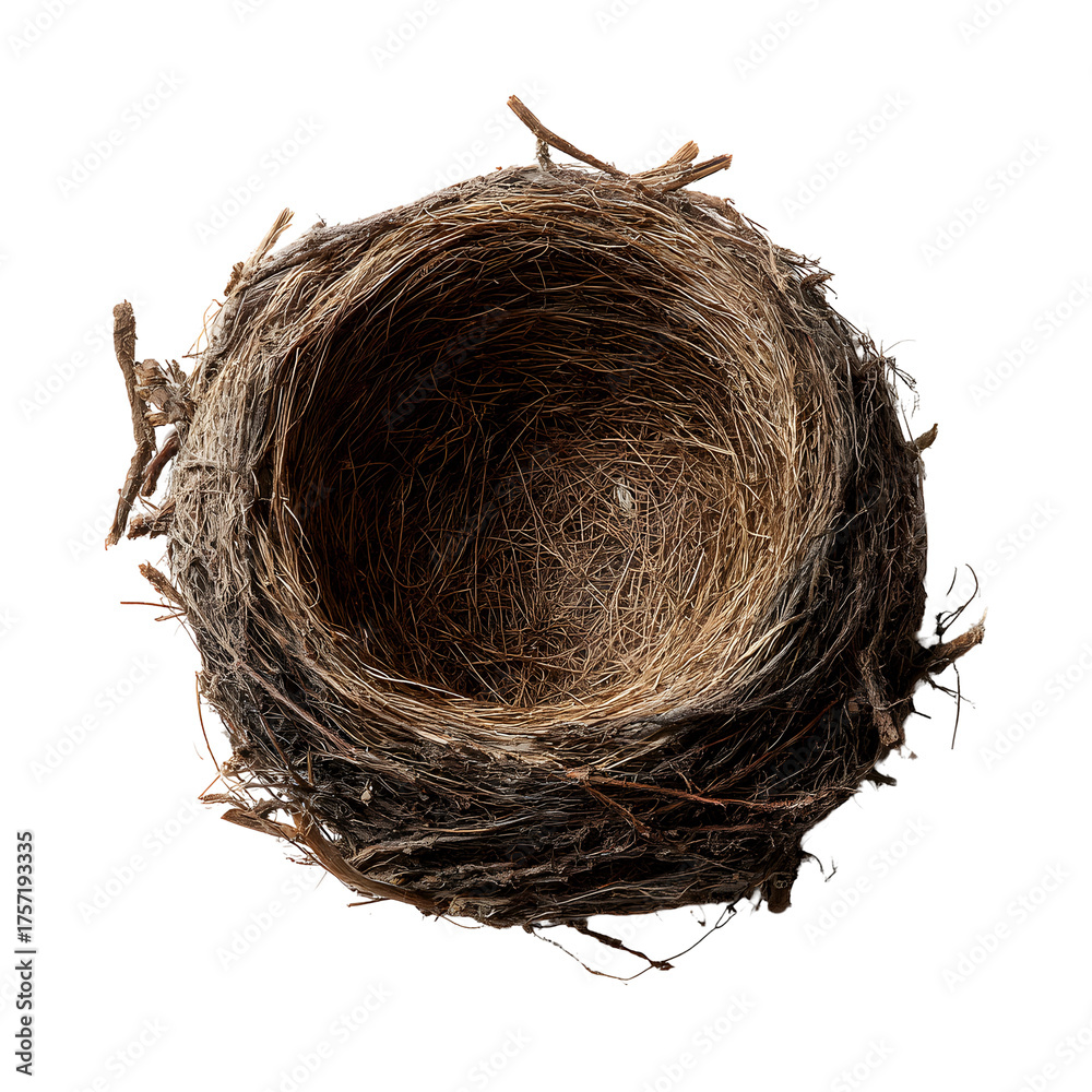 Obraz premium Empty Nest: Close-up of a rustic, empty bird's nest, showcasing intricate weaving of twigs and natural materials. A symbol of new beginnings and departure.