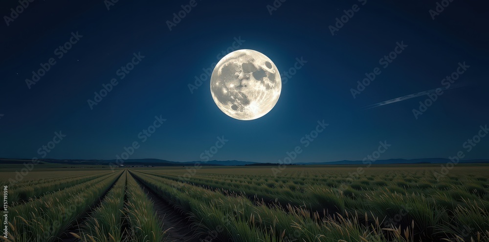 Fototapeta premium Luminous full moon hangs in the inky night sky above a vast, moonlit grassy field, wilderness, vastness