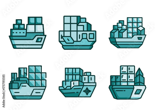 Different variations of container ships vector illustrations, flat style
