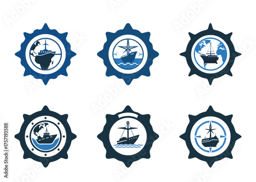 Nautical themed seal icon set featuring boats, ships, earth and compasses