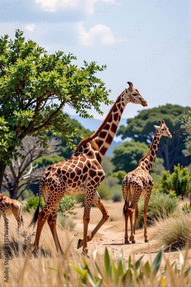 Obraz premium Majestic giraffes gracefully roam the sun-drenched African savannah, their long necks reaching for acacia leaves, wildlife, outdoors