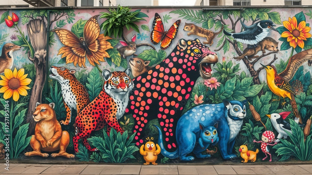 Fototapeta premium An imaginative mural of colorful animals, lush foliage, and vibrant flowers adorns a weathered concrete wall, bing a whical touch to the urban landscape.