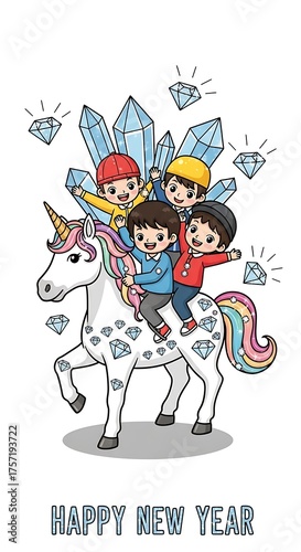 Four children riding a unicorn with diamonds and happy new year message