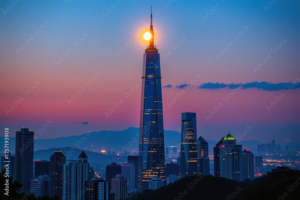 Obraz premium Serene moonlight illuminates a modern skyscraper at dusk, casting long shadows across the city skyline, moon, glow