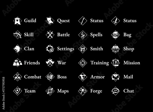 Fantasy RPG game icons pack, elegant black and white UI symbols for guild, quest, battle, magic, and settings interface design elements.