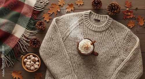 Cozy Winter Flat Lay with Sweater, Hot Chocolate, Candle, and Pine Cones