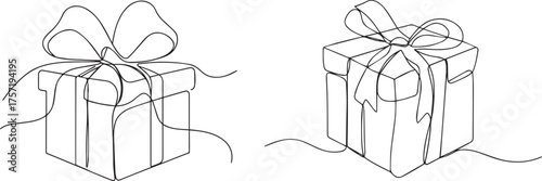 Set of Minimalist continuous line drawing of a gift box with a bow
