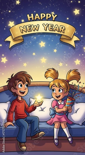 Two happy children celebrate new years eve with a star against starry sky