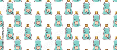 Seamless pattern with green mouthwash in a bottle and portion cup for rinsing. Repetitive background with dental care product for fresh breath and oral cavity antiseptic treatment.