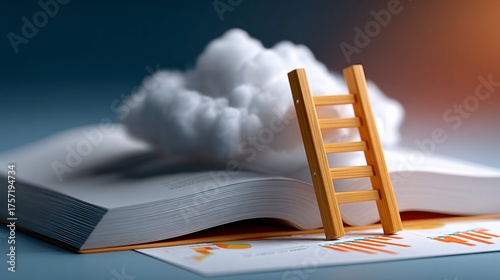 Cinematic shot of a wooden ladder rising from an open ledger book into clouds made of numbers and graphs; warm sunset lighting, whimsical composition, symbol of financial ascent