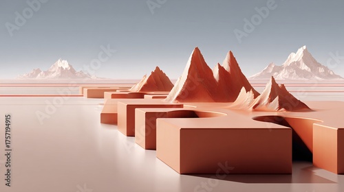 Conceptual landscape of giant puzzle pieces on the ground, each piece etched with a financial chart; pieces fit together to form a mountain range, dawn light, creative vector-art style