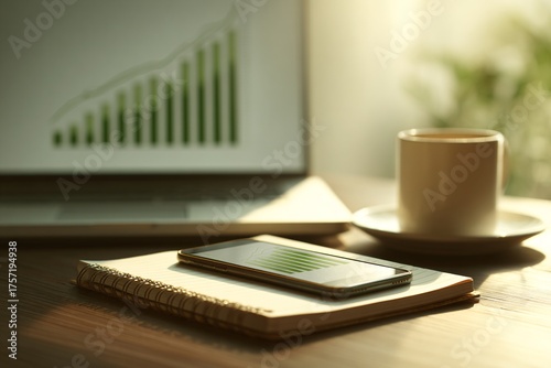 A close-up of a modern office desk: laptop displaying a green upward stock chart, smartphone, notebook and coffee cup; warm morning light, high-key minimal composition