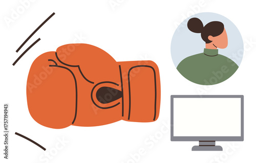 Large boxing glove in motion, female side profile, and monitor symbolizing conflict, challenge, competition, digital engagement. Ideal for online confrontation, decision-making, sportsmanship