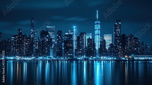 New york city skyline at night with illuminated buildings reflecting in the water, creating a vibrant and captivating urban scene