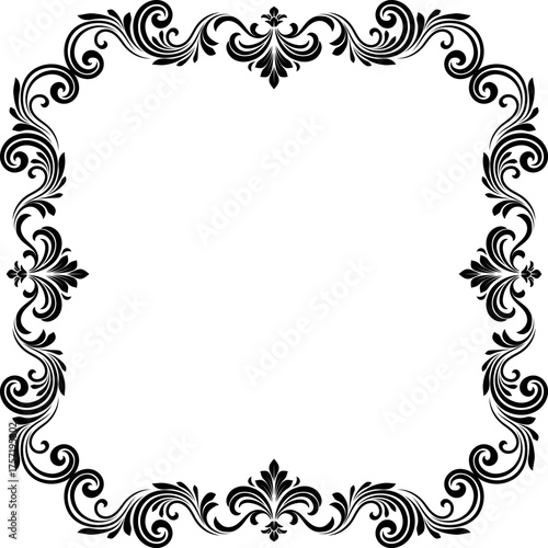 A filigree heraldic crest motif floral pattern border frame. Original design in a vintage style.