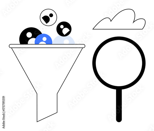 Funnel filtering diverse data into usable elements, magnifying glass for inspection, and cloud symbolizing storage. Ideal for data analysis, filtering, cloud computing, research, digital marketing