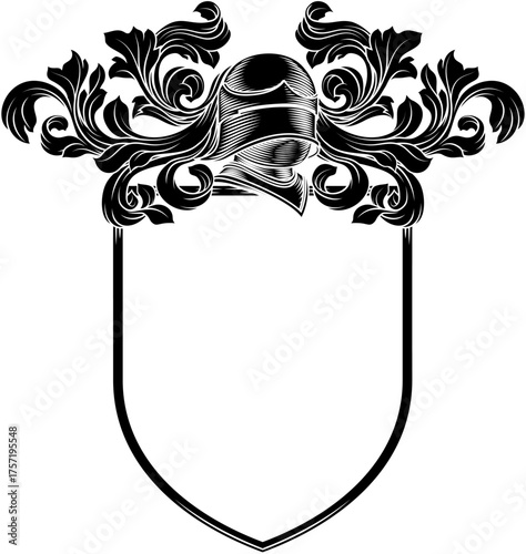 Coat of arms crest knight family medieval shield heraldry heraldic armorial motif. Featuring a knights helm helmet in a vintage etching engraving woodcut style