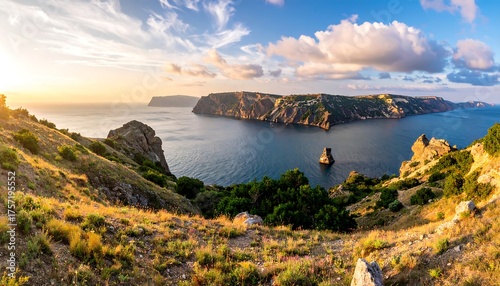 Dramatic coastal panorama featuring a rugged island under a vibrant sunset
