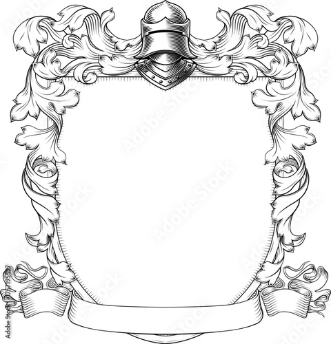 A coat of arms or crest family heraldry medieval heraldic knight shield with helmet and acanthus filigree scroll ornament in a vintage woodcut style.
