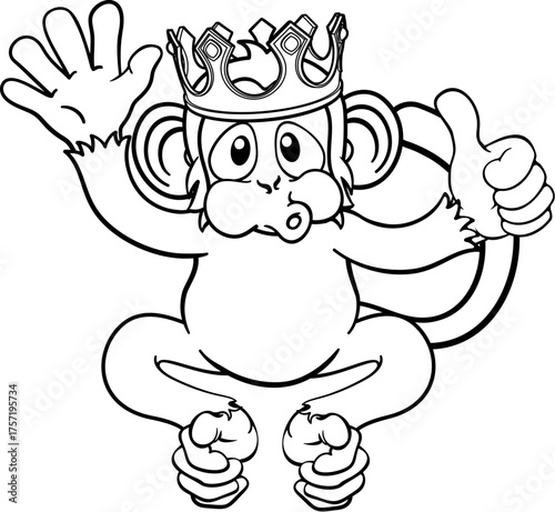 A monkey king cute happy cartoon character animal wearing a crown waving and giving a thumbs up