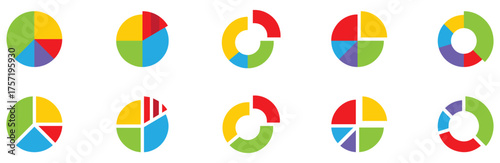 Pie chart infographic set. Circle diagram collection with sections or parts. Segmented circle icons for infographic, data analysis, web design, ui or presentation. Vector illustration. EPS 10