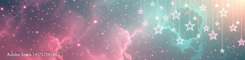 Celestial dreamscape: pastel pink and green backdrop with glittering stars suspended from above, backdrop, decoration, background