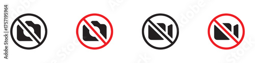 No photography video prohibited forbidden area sign. No photo no video recording set silhouette icon, camera icon. No recording or taking pictures sign. Prohibiting the use of cameras. EPS 10