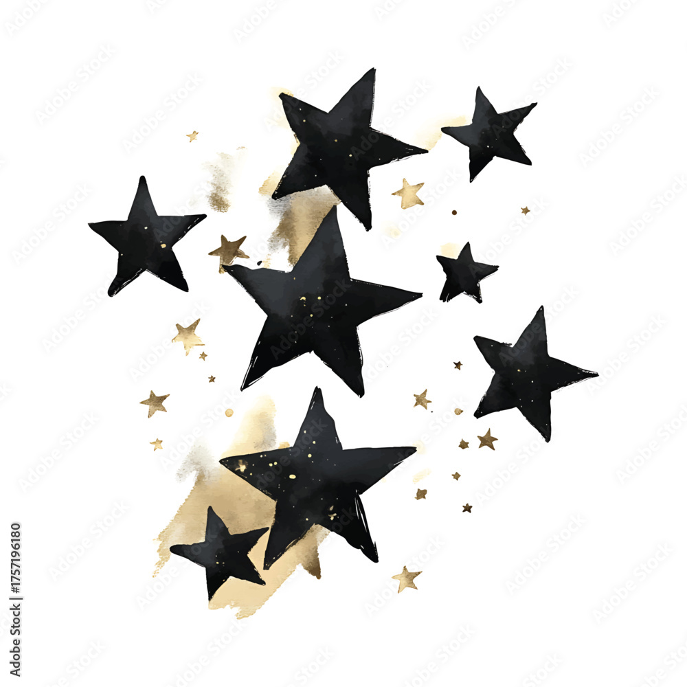 Obraz premium Scattered black and gold watercolor stars on a white background watercolor illutrastion transparent background