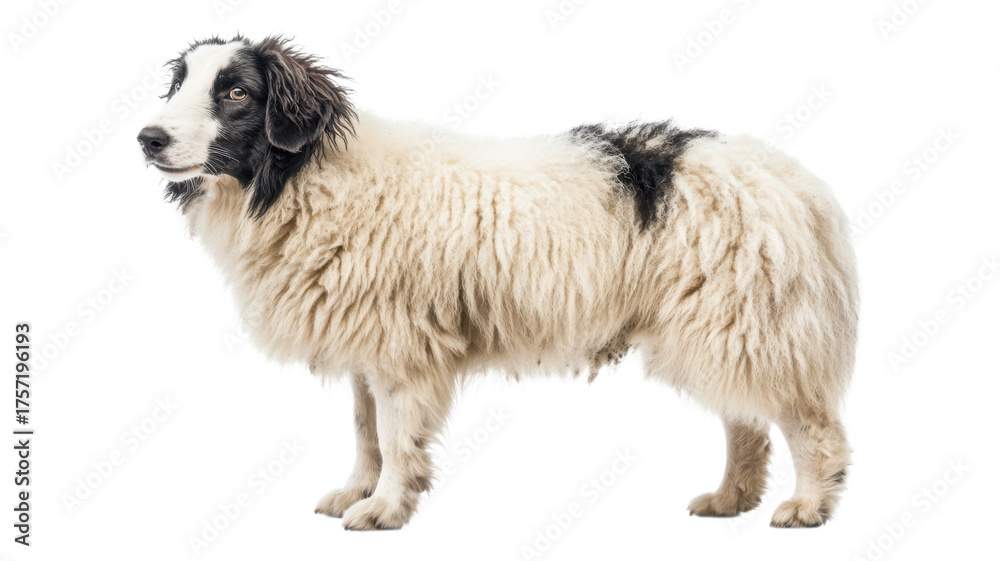 Fototapeta premium Fluffy white dog, black markings, long haired canine, standing animal isolated on Transparent Background