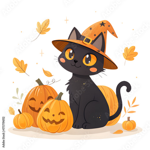 Cute Black Cat with Witch Hat and Halloween Decorations Illustration
