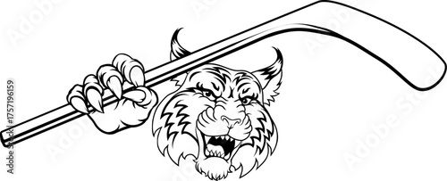 A wildcat or bobcat ice hockey team cartoon animal sports mascot