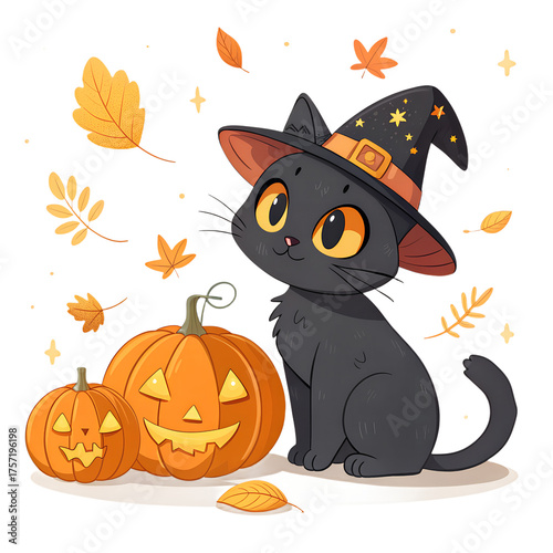 Cute Black Cat with Witch Hat and Halloween Decorations Illustration