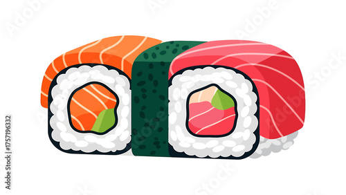 Sushi rolls with salmon and tuna vector illustration of Japanese food isolated on white background