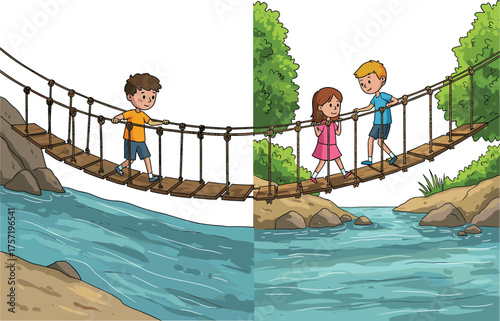 Children crossing rope bridge, nature adventure, teamwork, outdoor activity, river exploration, forest scene, childhood bonding, hiking kids, summer fun, safety awareness