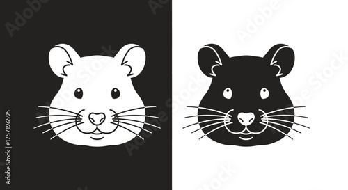 Hand drawn cute rat head illustration in black and white vector set.