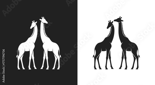 Elegant Giraffe Couple Vector Logo Template with Minimalist Animal Silhouette Design in Black and White