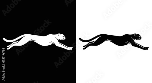 Monochrome vector illustration of a graceful running panther silhouette.