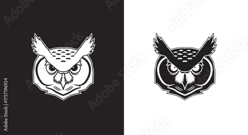 Stylized Owl Head Mascot Vector Logo in Bold Black and White