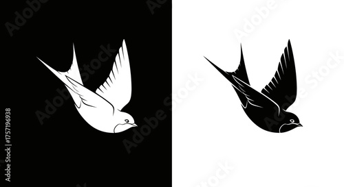 Elegant flying swallow bird graphic in black and white versions.