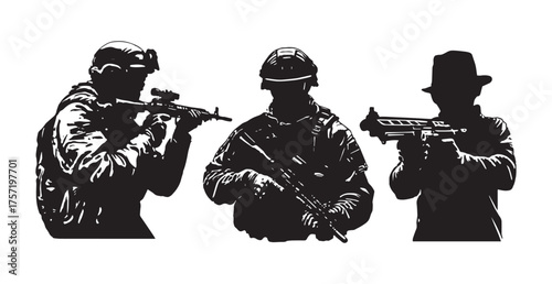 Silhouette vector set of an American soldier holding a gun, symbolizing bravery, strength, and honor — isolated on a clean white background.