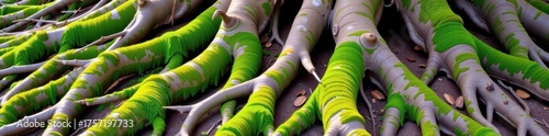 Gnarled tree roots covered in vibrant green moss, a symbol of nature's enduring strength and life, damp, wilderness, wood