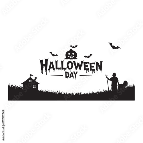 Spooky Halloween day silhouette scene with bats jack-o-lantern and graveyard vector