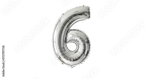 Silver number six balloon floats against a solid isolated background, appearing inflated and reflective.