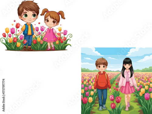Children enjoying tulip field, springtime nature walk, colorful flowers, outdoor fun, happy kids, seasonal bloom, cartoon and realistic illustration contrast