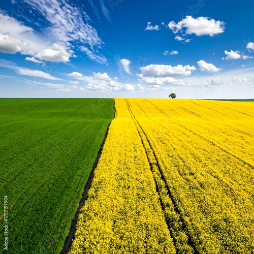 Aerial view Fields of green and yellow under a bright blue sky